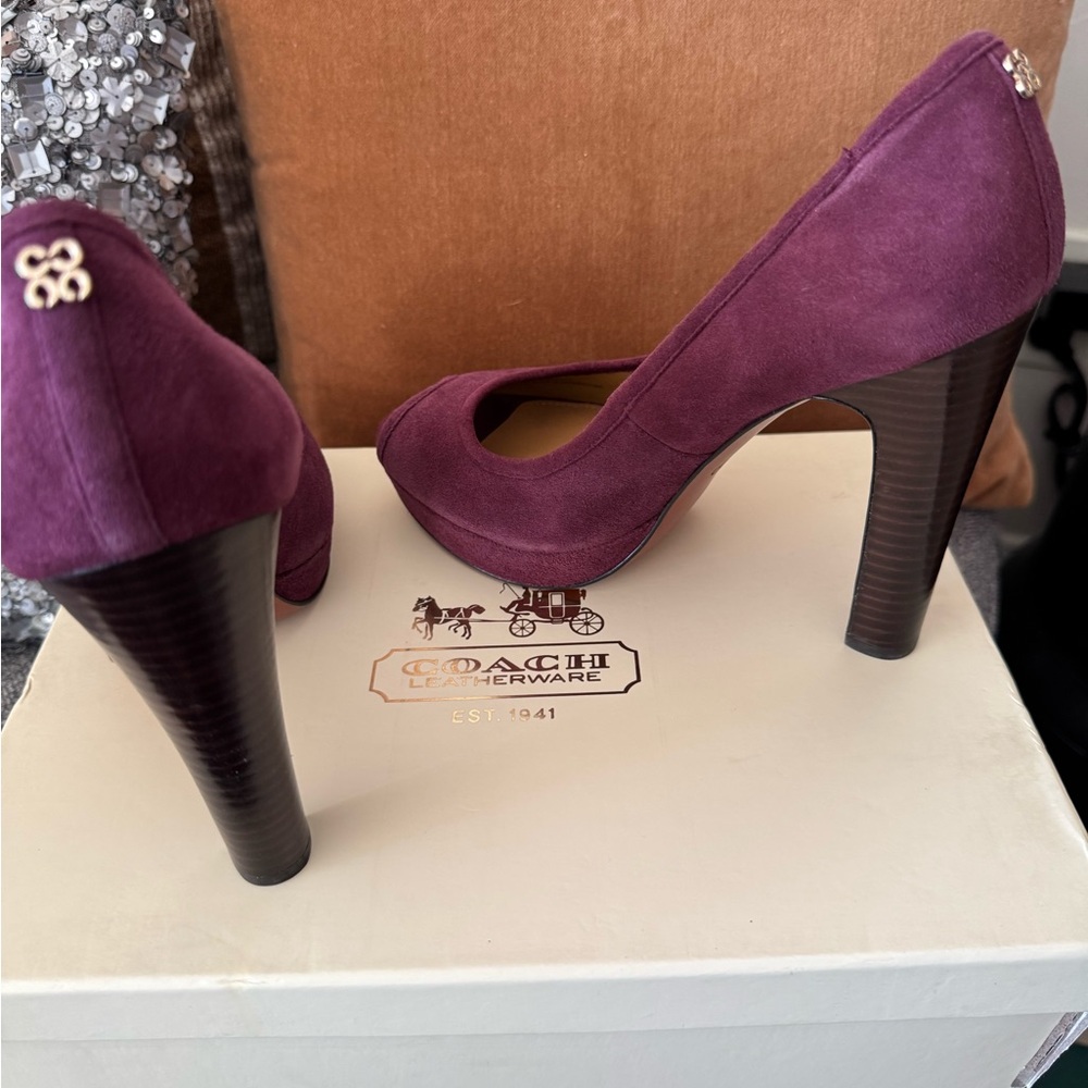 Coach Suede Peep Toe Platform Heels in Color Plum - Picture 9 of 10